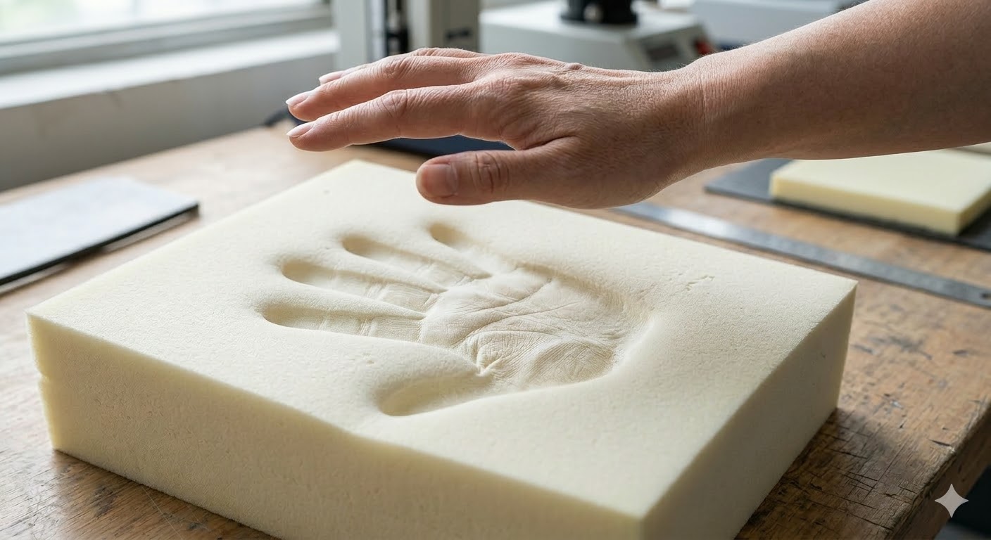 AI生成的慢回弹聚氨酯材料按压回弹体验示意图