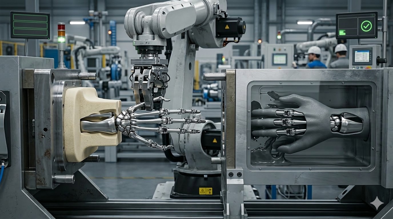AI生成的聚氨酯模塑发泡工位与机械臂主视觉示意图